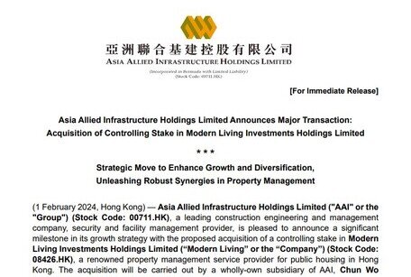 Asia Allied Infrastructure Holdings Limited Announces Major Transaction: Acquisition of Controlling Stake in Modern Living Investments Holdings Limited